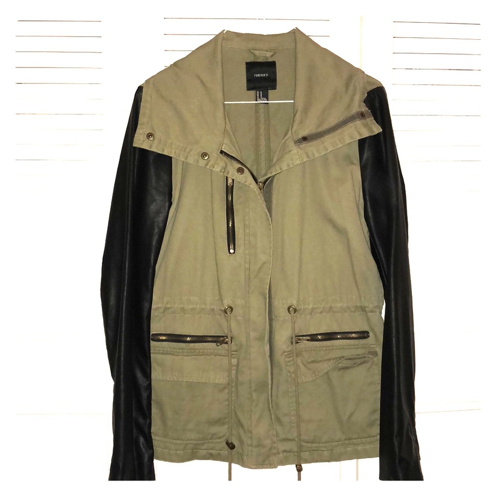 Khaki light weight jacket with leather sleeves